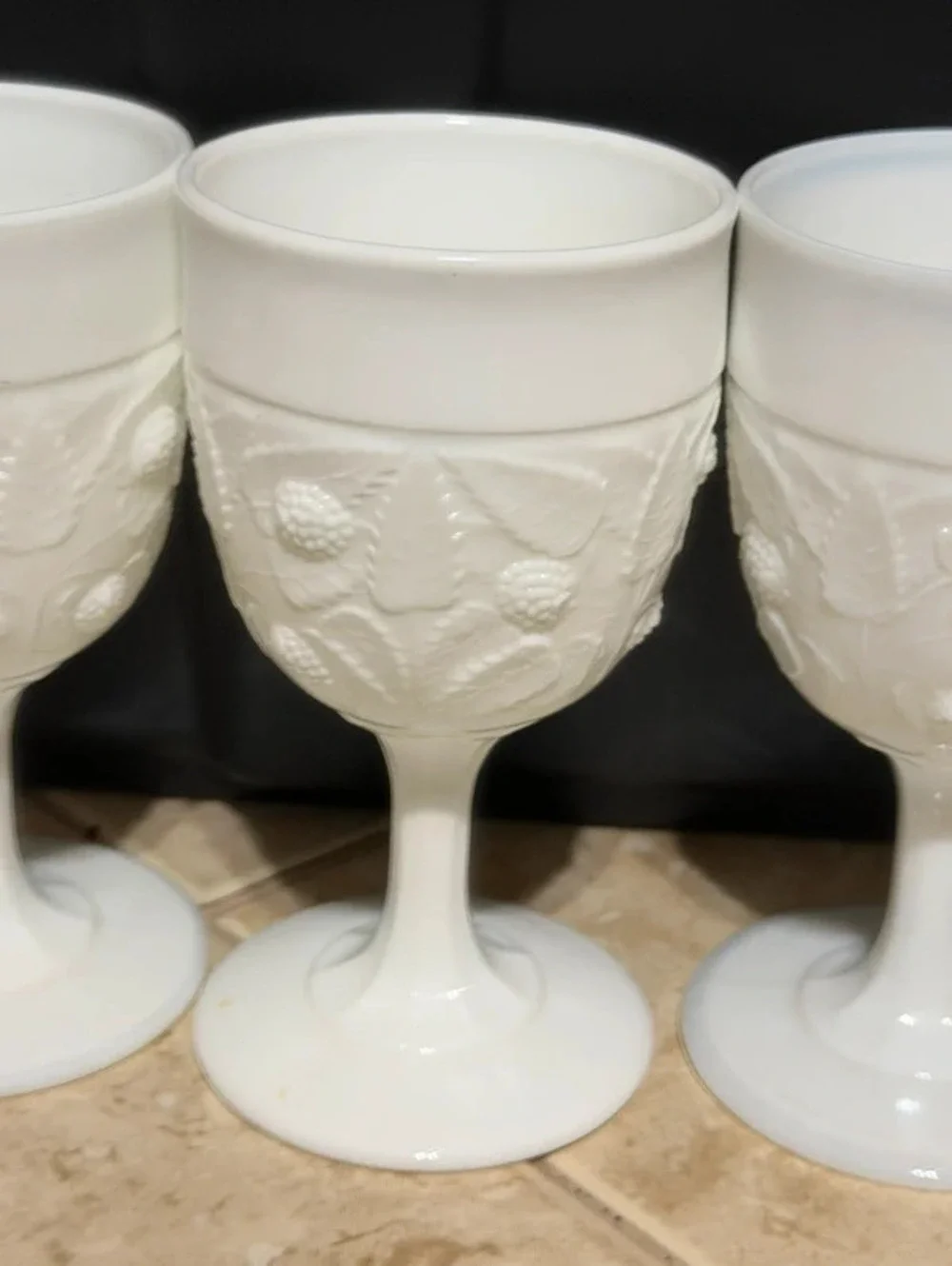 Vintage White Milk Glass Harvest Grape Pattern Stemmed Goblets Set of 5